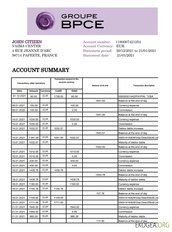 Relevé bancaire France Groupe BPCE modèle facile à remplir au format Excel et PDF